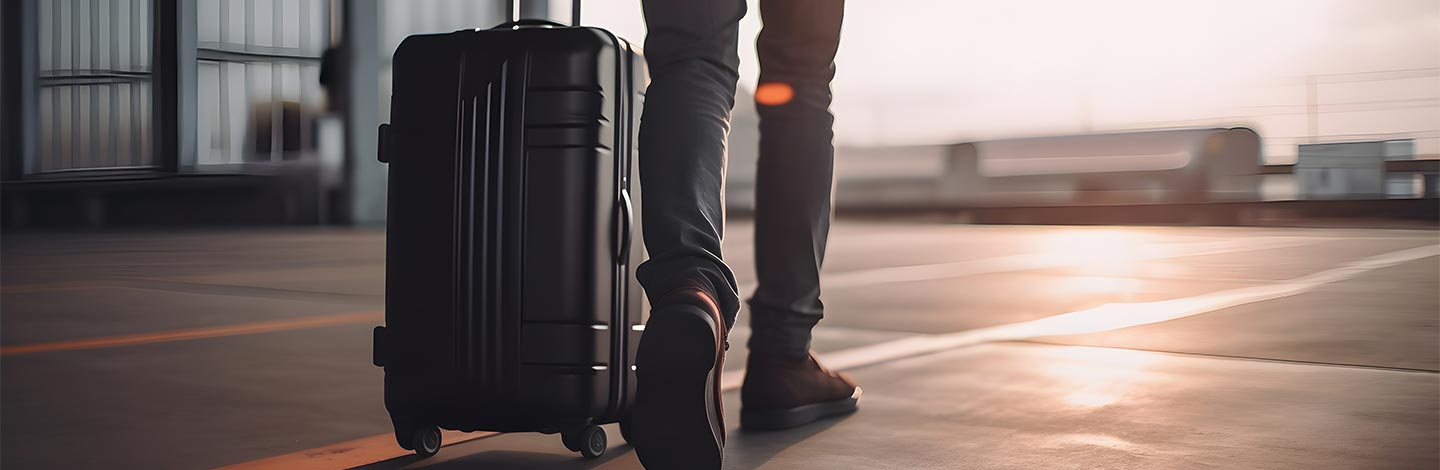 Traveler walking through a parking lot with a suitcase