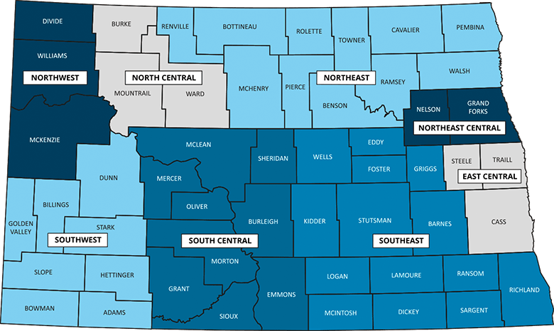 North Dakota map of counties by region