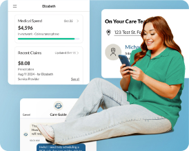 Woman using a smartphone with screenshots of the BCBSND.me app