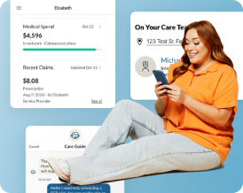 Woman using a smartphone with screenshots of the BCBSND.me app