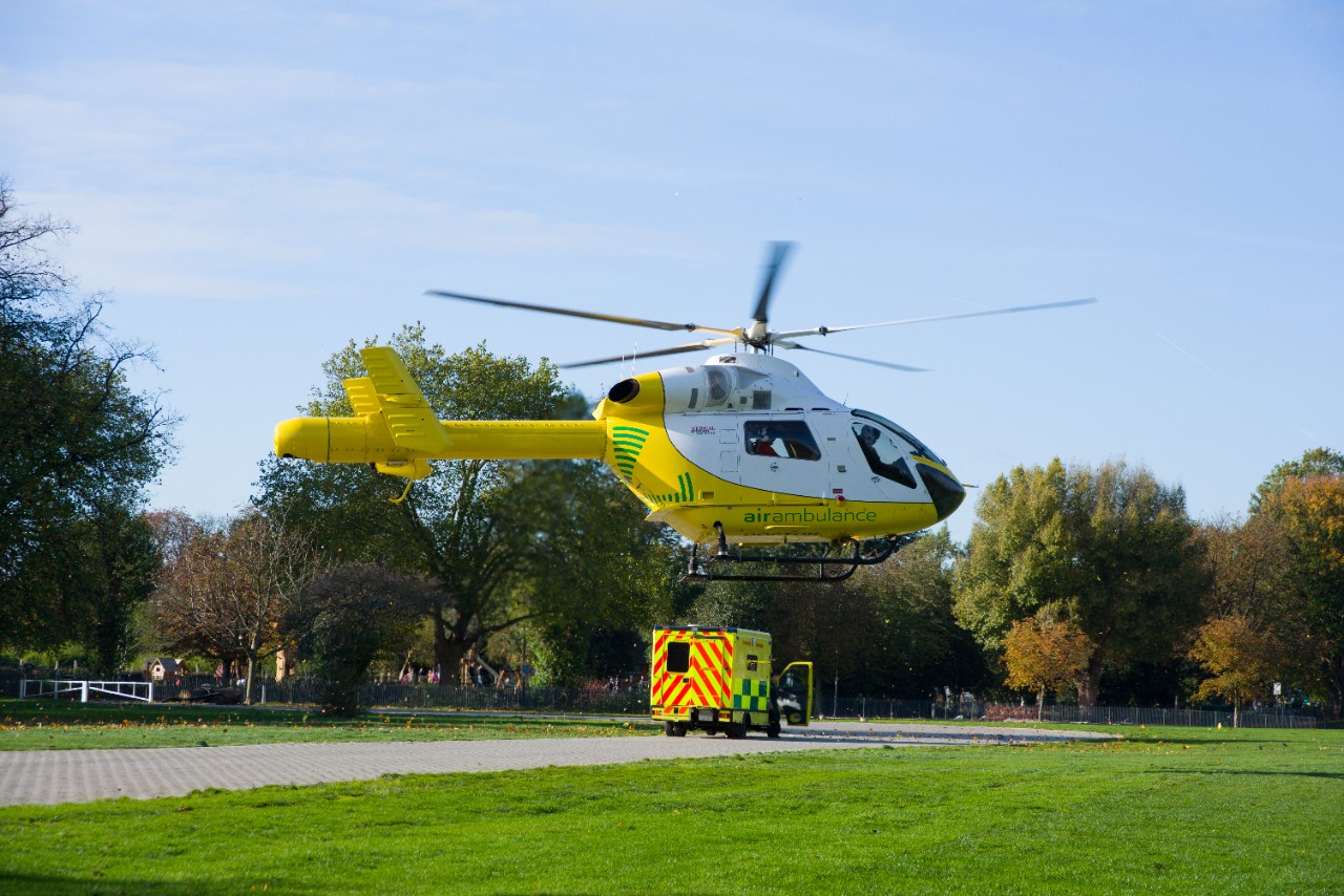 Image of ambulance helicopter in the air