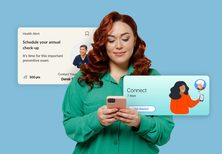 Woman using a smartphone with screenshots of the BCBSND.me app