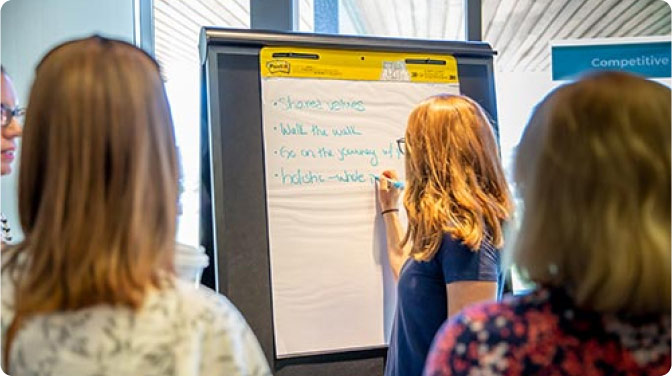 Group of employees writing words on a large paper during a learning session