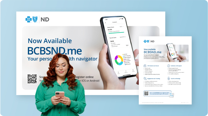 Woman using a smartphone with screenshots of the BCBSND.me app