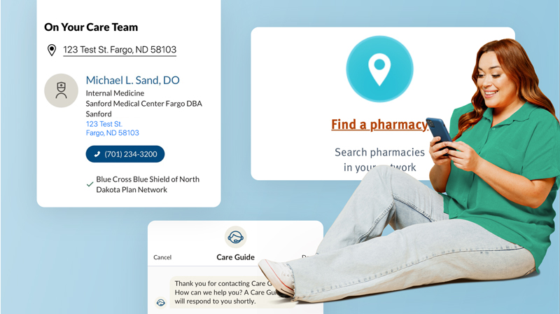 Woman using a smartphone with screenshots of the BCBSND.me app