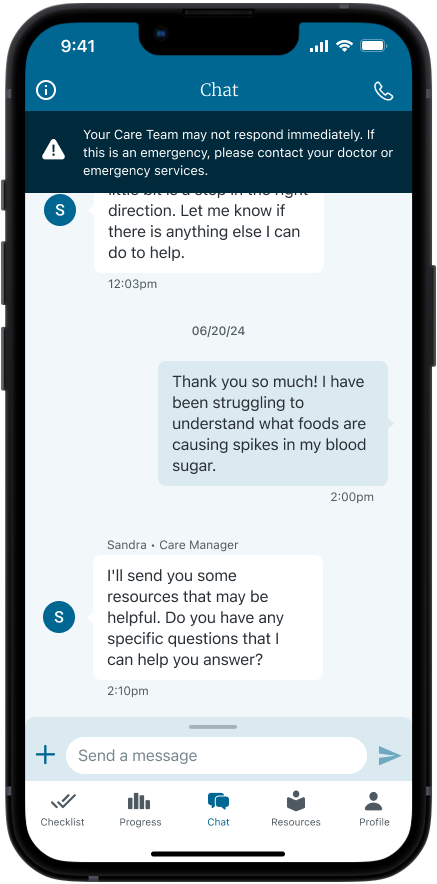 User and care manager exchanging texts within the chat feature of the BCBSND Care Connect app.