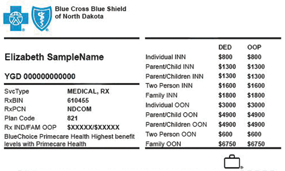 Front of BCBSND member ID card