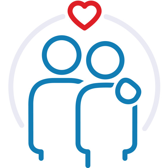 Caregiving Icon of a person with arm around another person's shoulder with a heart above 