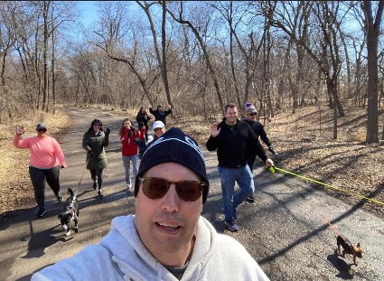 Pete Seljevold and friends on a group walk at Lindenwood park.