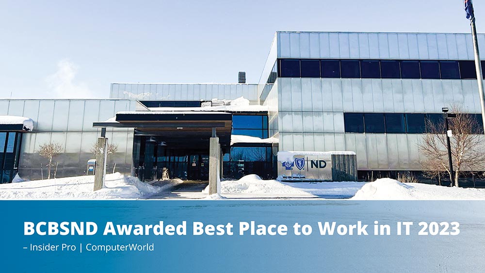 Photo of the entrance to BCBSND’s headquarters in Fargo – BCBSND Awarded Best Place to Work in IT 2023.