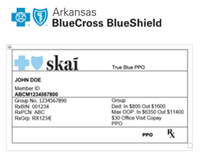 Arkansas Blue Cross Blue Shield Skai Blue National Account ID card sample