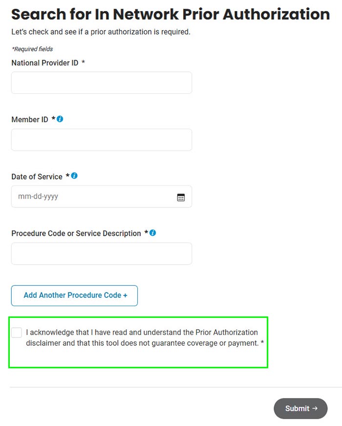 Screenshot of In Network Prior Authorization page